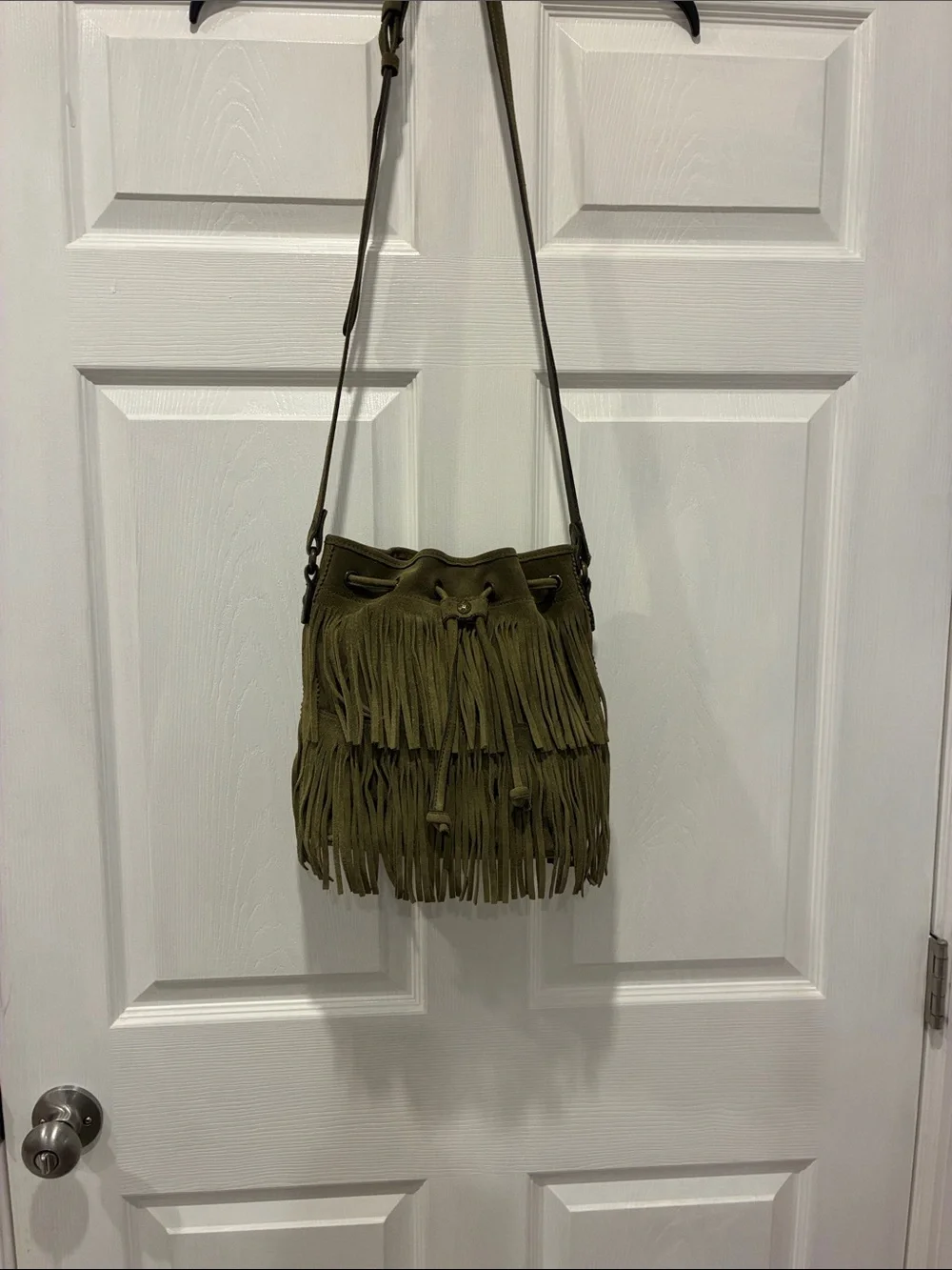 Patricia Nash Olive Green Italian Suede Leather Fringe Hobo Boho Western Bag